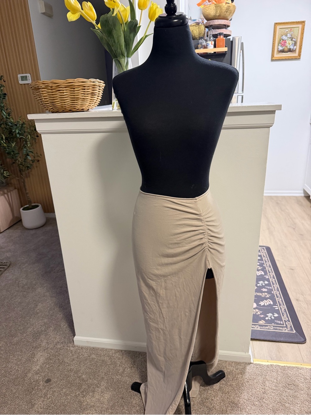 SKIMS Beige Ruched High-Slit Maxi Skirt